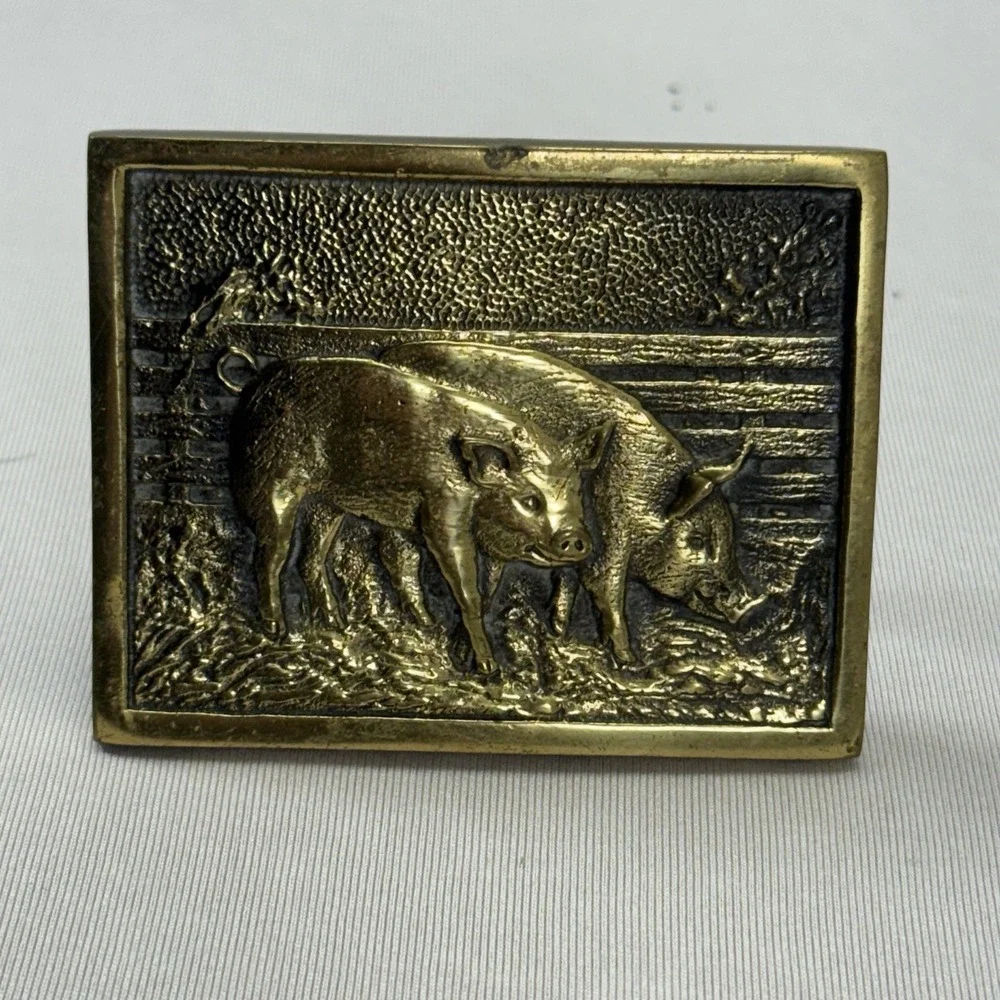 Vintage 1978 BTS Hog Pig Brass Belt‎ Buckle 3x2.25